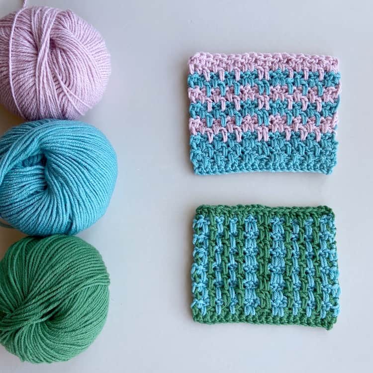 double crochet moss stitch tutorial two swatches on a table with three balls of yarn