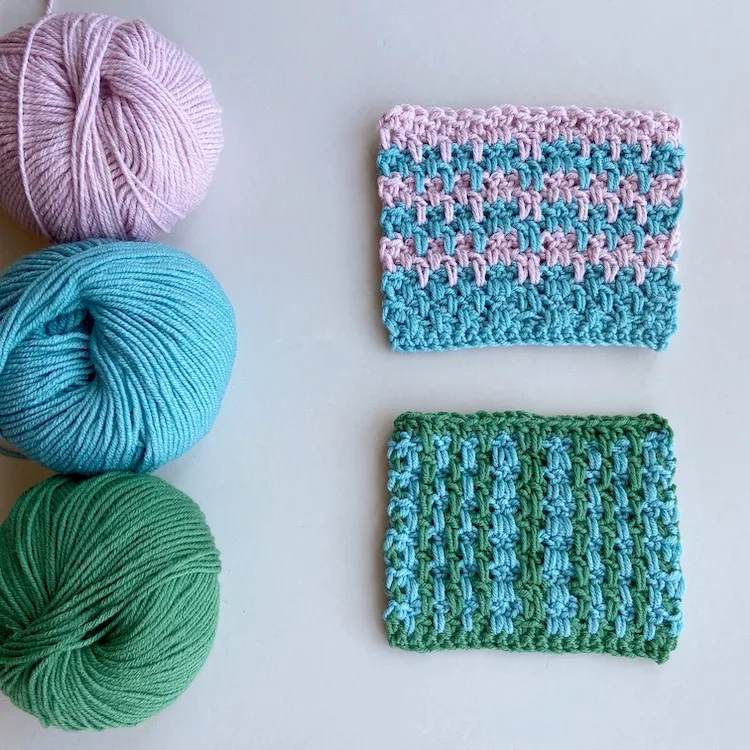 double crochet moss stitch tutorial two swatches on a table with three balls of yarn