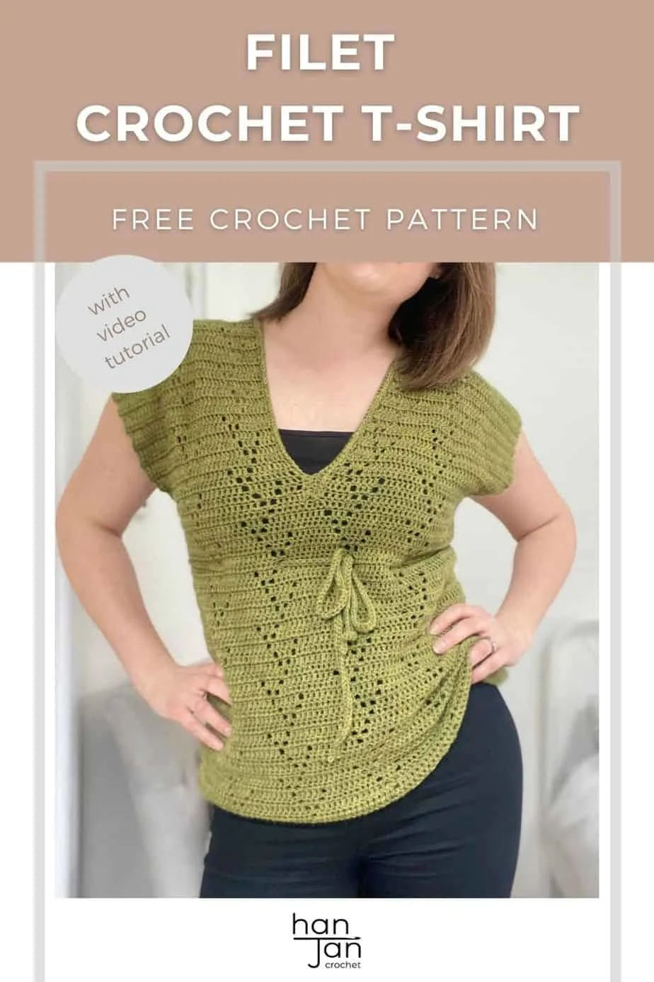 woman with hands on hips wearing green filet crochet t-shirt with tie under bust