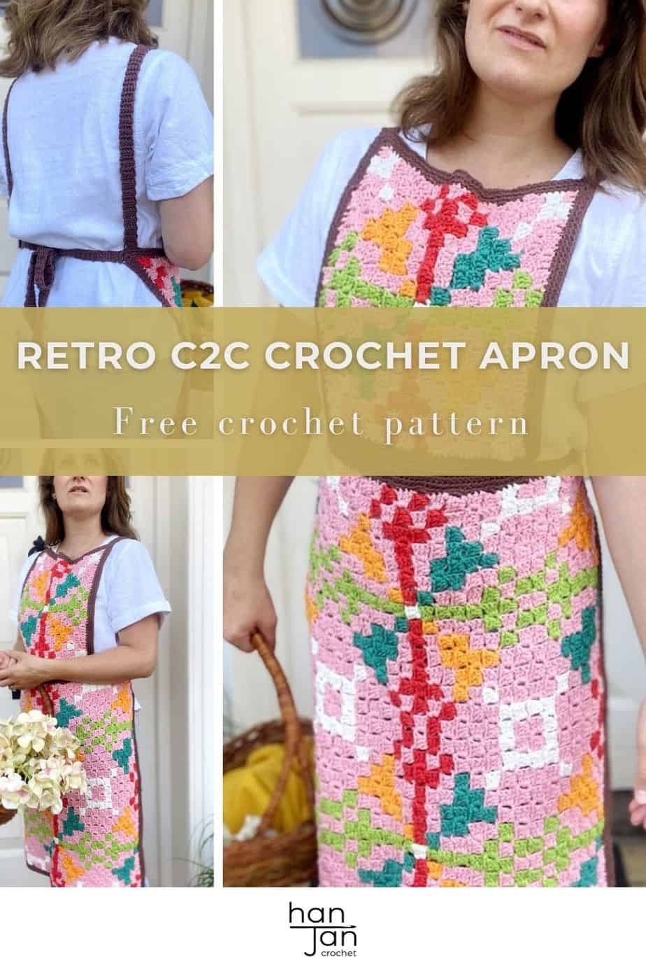 images showing front and back of a retro c2c crochet apron being worn by a woman holding a basket of flowers