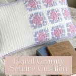 pink, lilac and whit floral granny square pillow with books and fluffy blanket