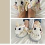 2 images showing crochet unicorn slippers in white