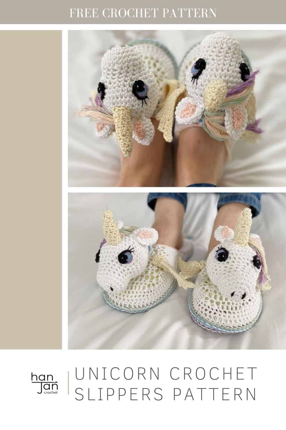2 images showing crochet unicorn slippers in white
