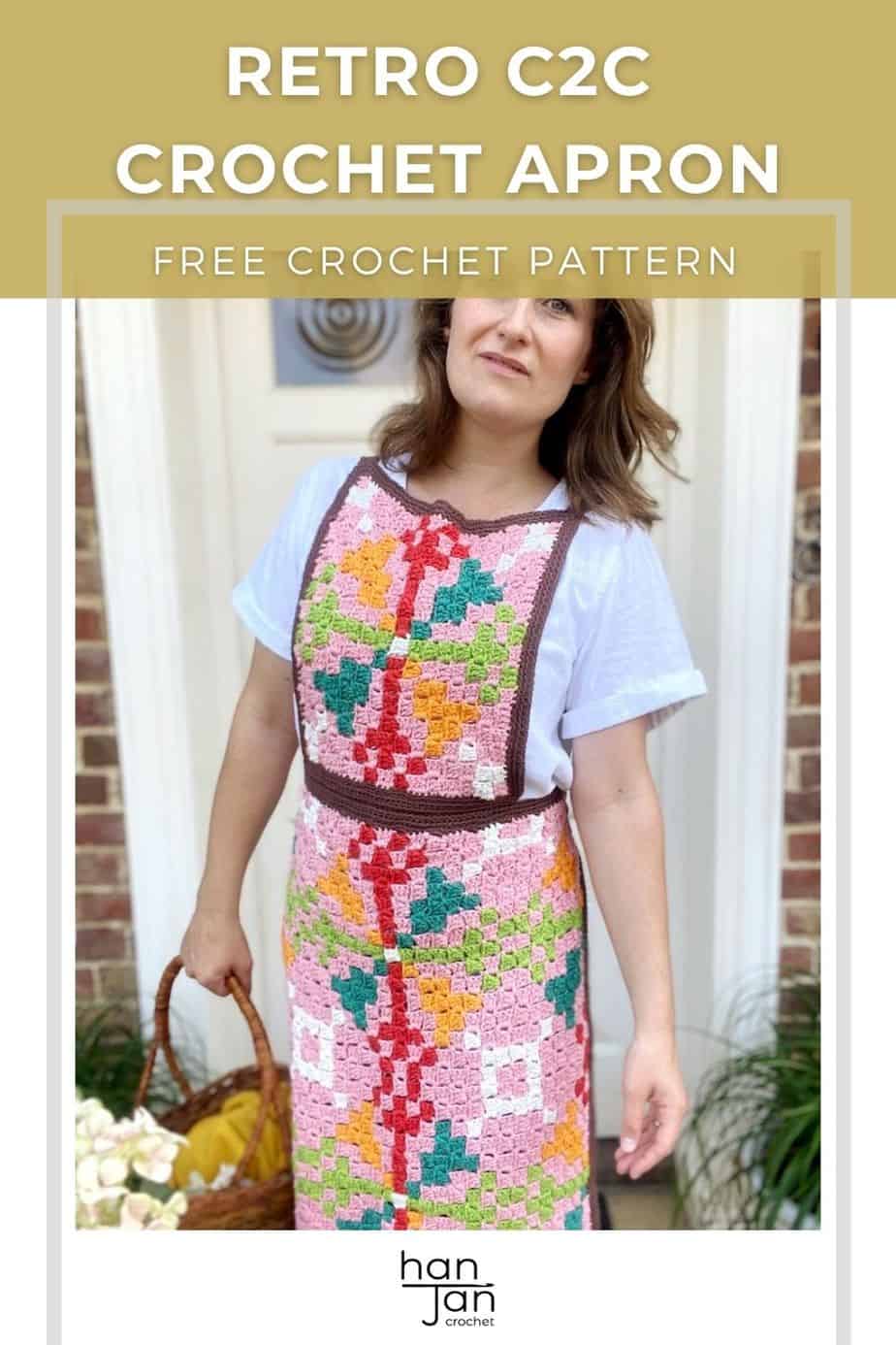 woman looking forward holding basket wearing white shirt and crochet apron