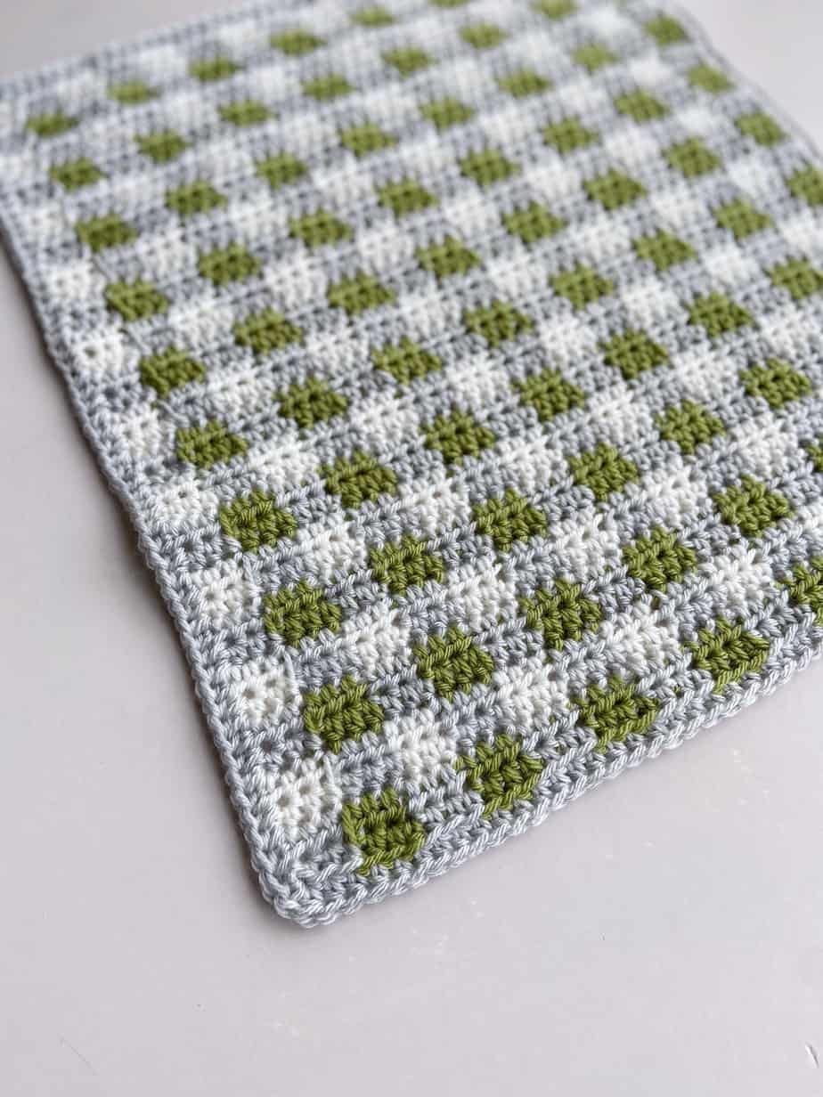 Green, grey and white modern crochet plaid blanket pattern