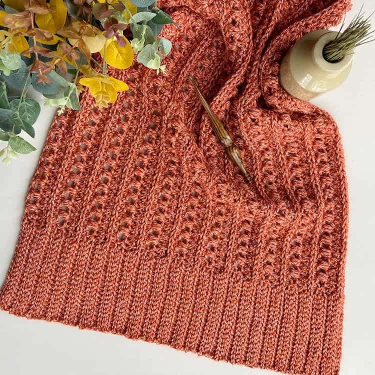 Kindred DK yarn crochet swatch and Furls crochet hook with Fall leaves