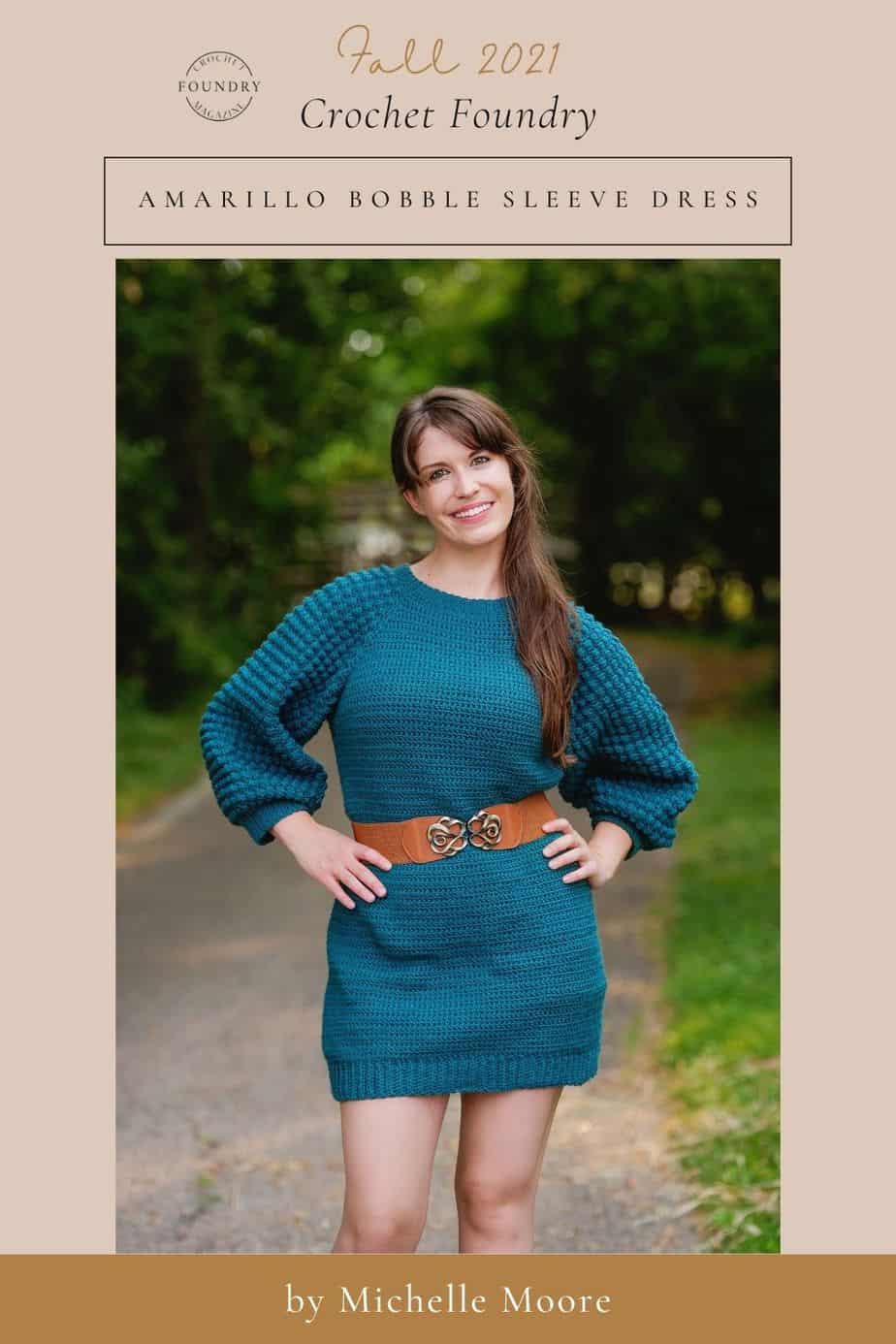 Amarillo Bobble Sleeve Dress crochet pattern by Michelle Moore for Crochet Foundry magazine Fall 2021