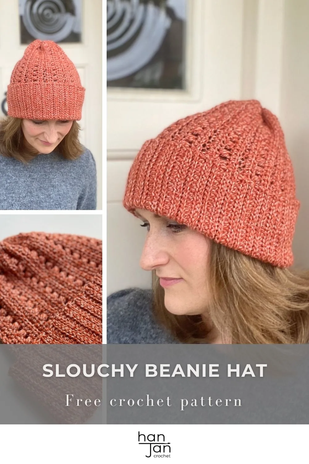 three images of slouchy crochet hat pattern being worn by woman and stitch detail