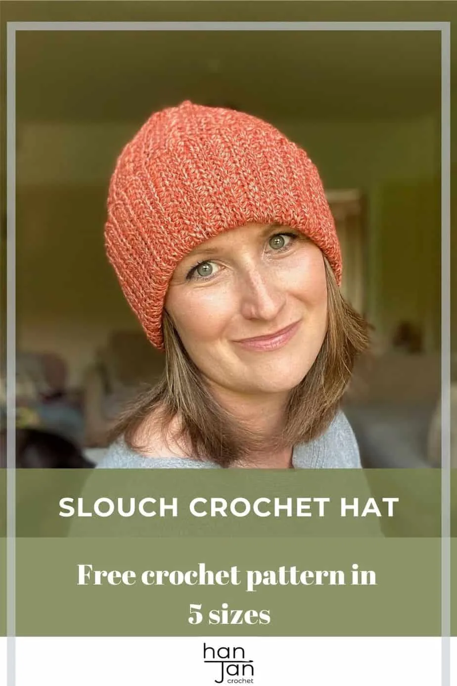 woman wearing slouchy crochet hat facing camera and smiling