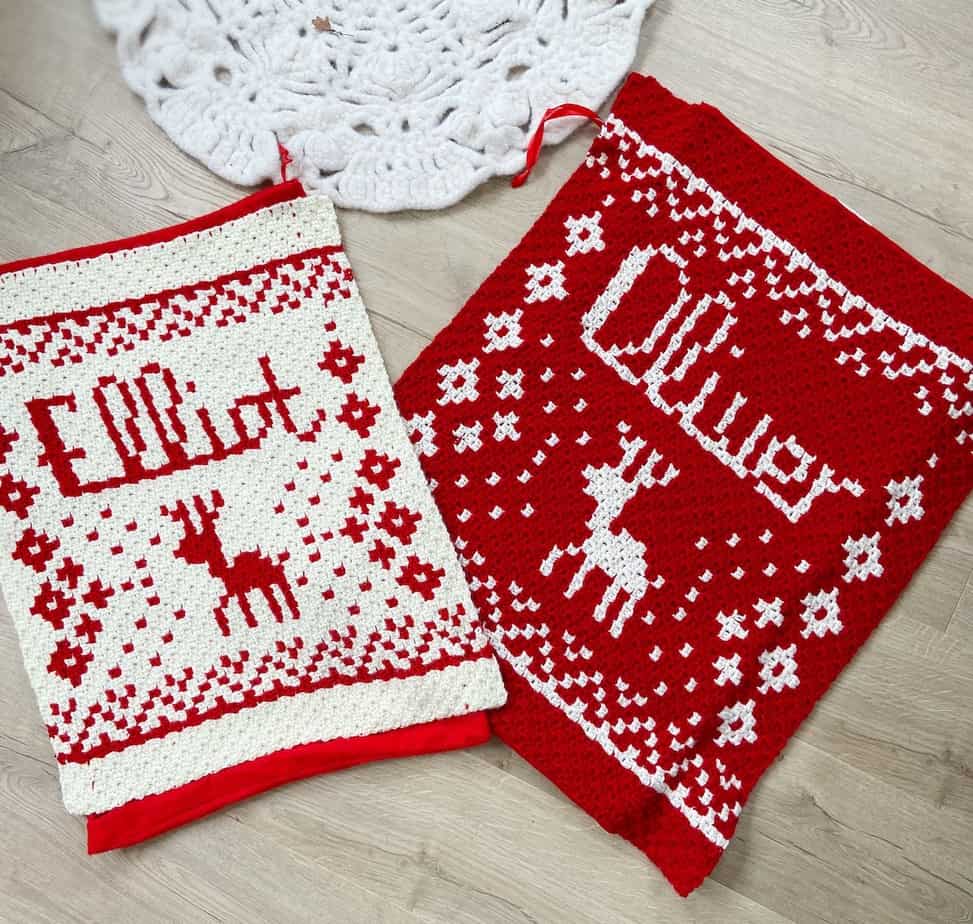 Personalised c2c Christmas Crochet Blanket Pattern and Present Sack with Nordic reindeer pattern and Oliver and Elliot 
