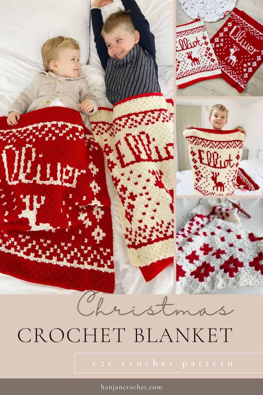 images showing Personalised c2c Christmas Crochet Blanket Pattern and Present Sack
