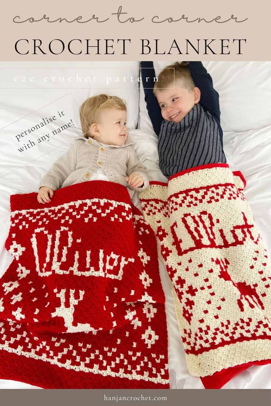 2 children laying under Personalised c2c Christmas Crochet Blanket Pattern and Present Sack
