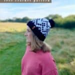 woman wearing black and white crochet hat