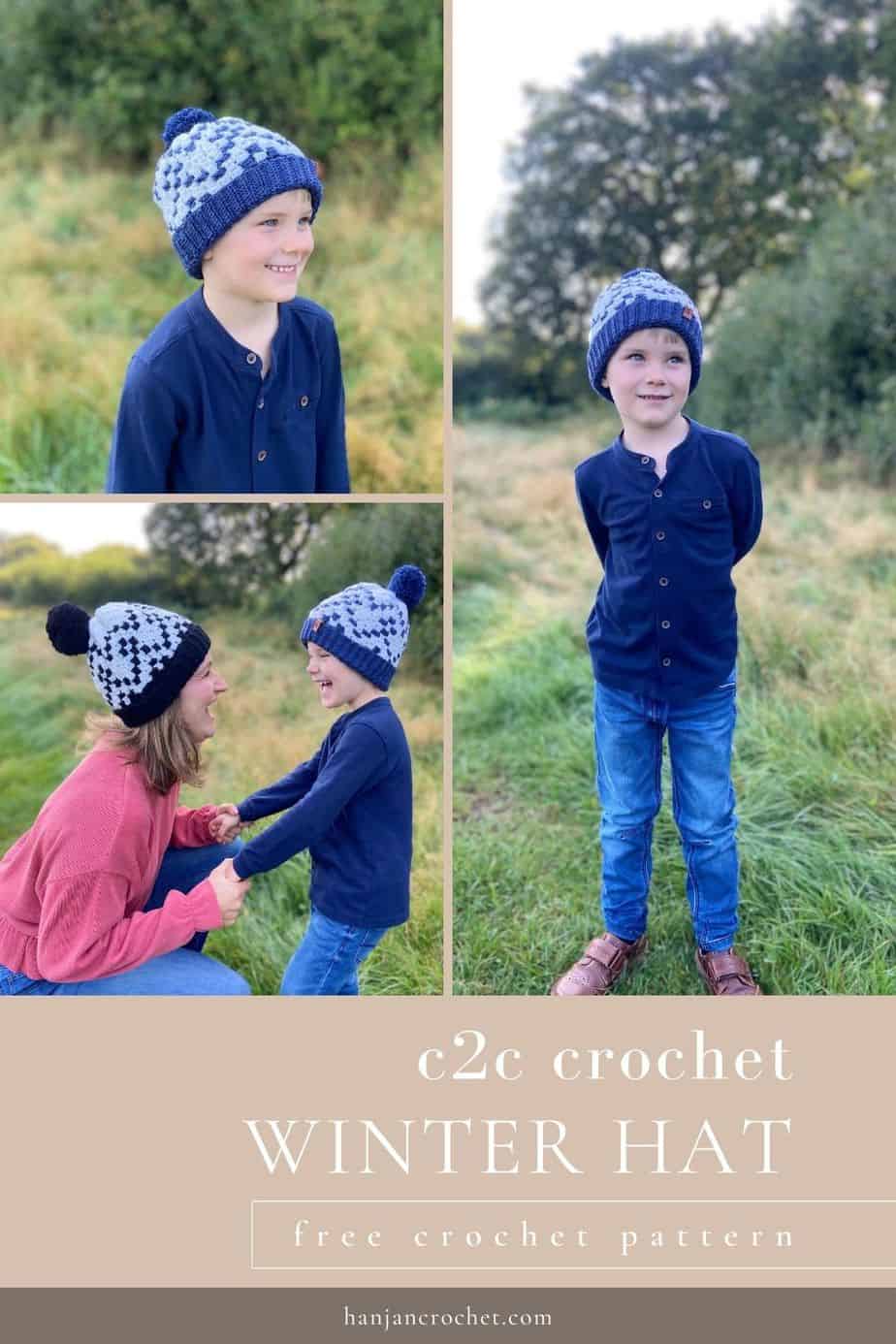family wearing corner to corner crochet hats