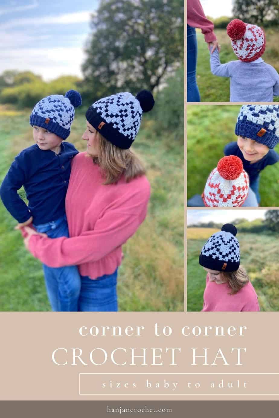 woman and children wearing c2c crochet hats in various colours