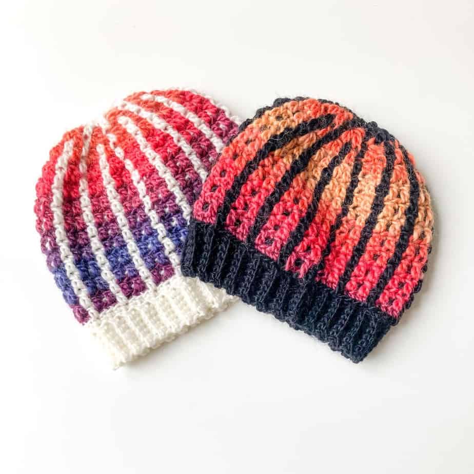 Two colourful mosaic crochet hats.