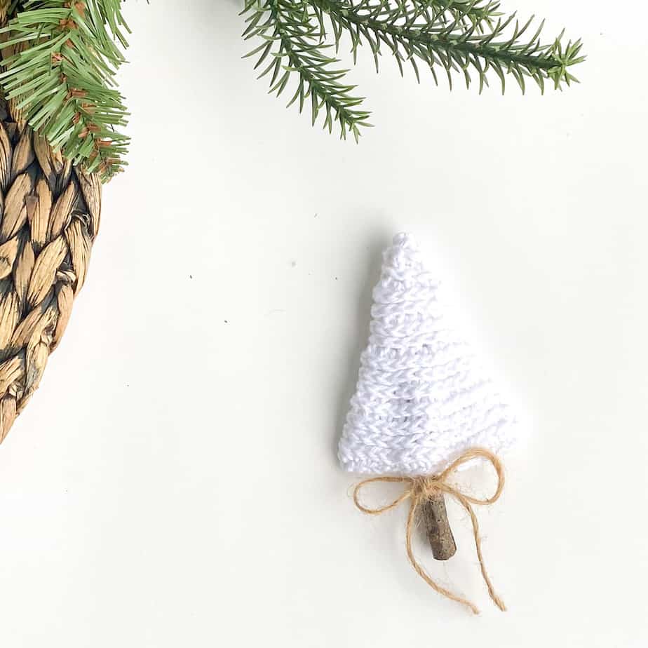 Small, white crochet Christmas tree.