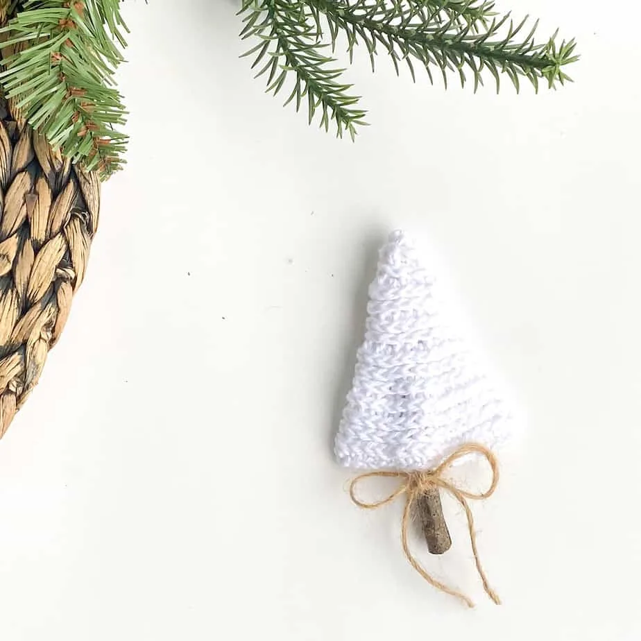Small, white crochet Christmas tree.