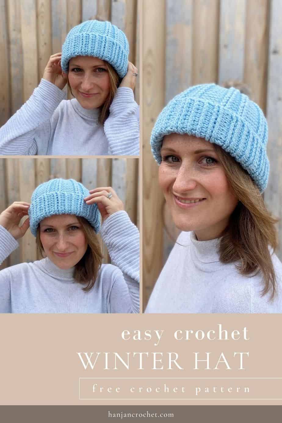 3 images of woman wearing modern crochet winter bobble hat