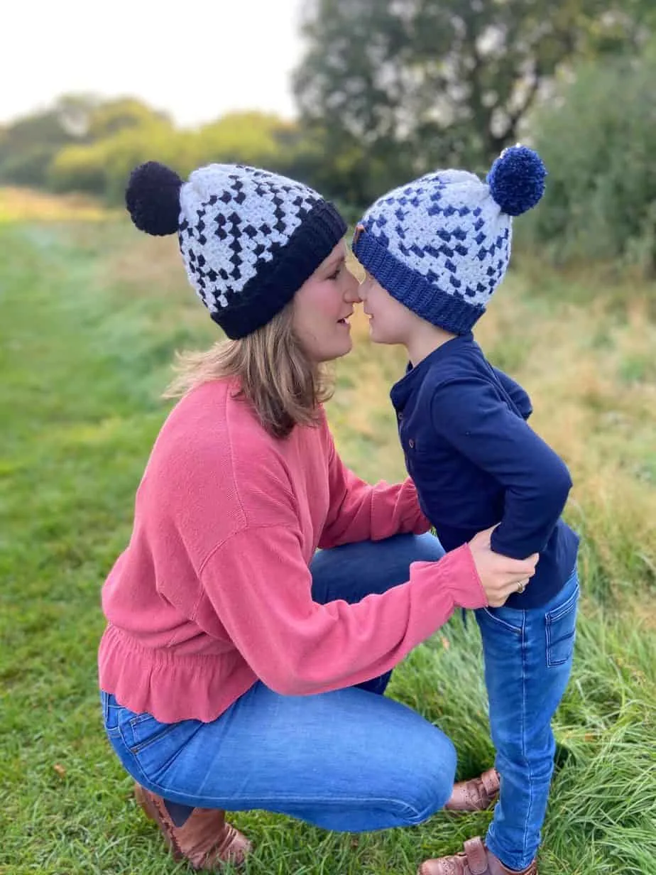 c2c crochet hat pattern worn by woman and child touching noses