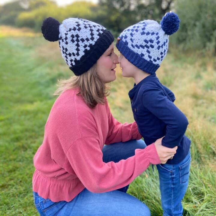 c2c crochet hat pattern worn by woman and child touching noses