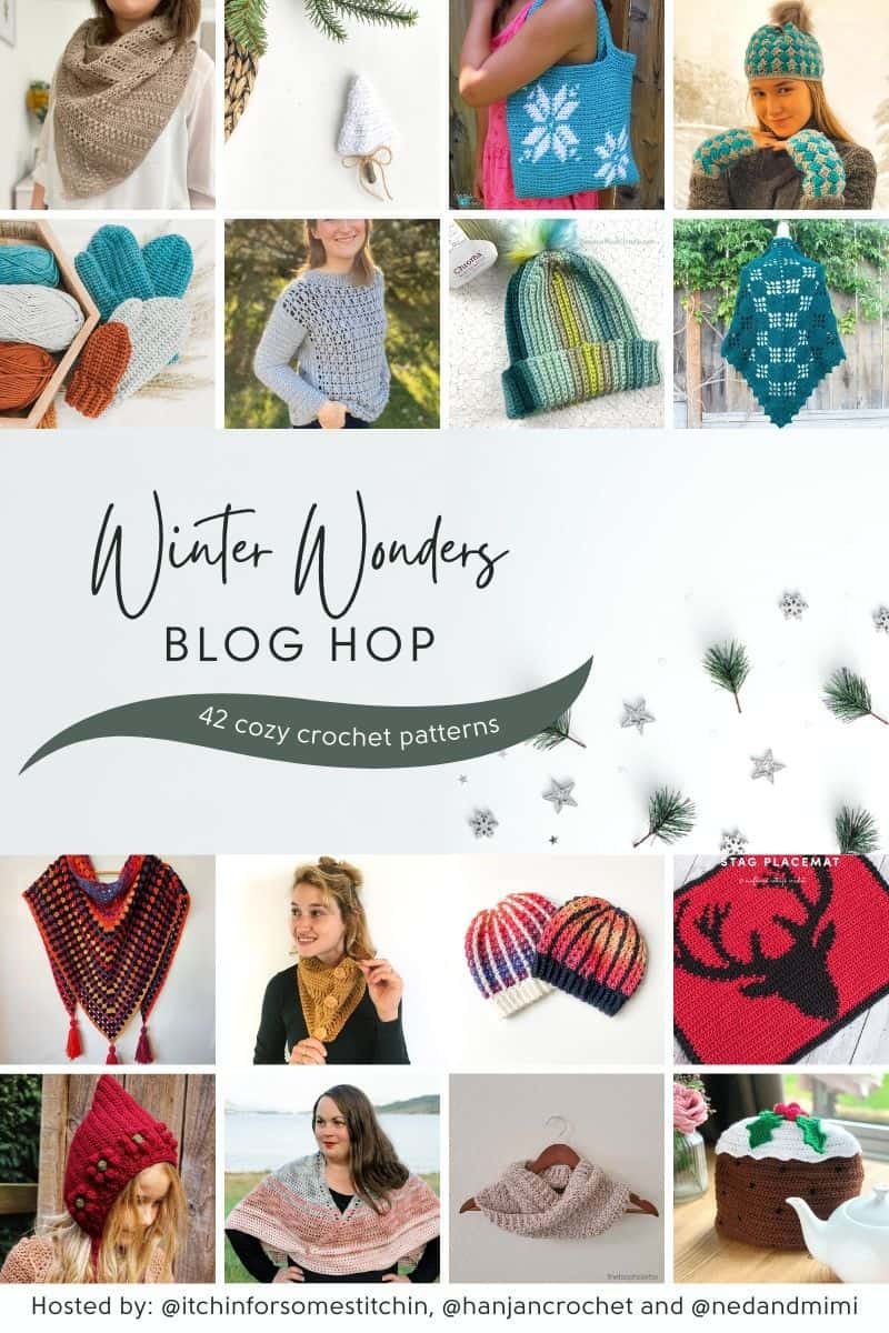 collection of winter crochet patterns in a grid format