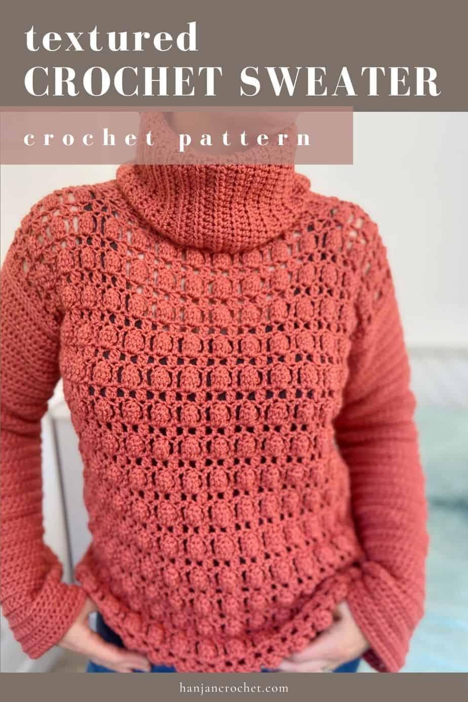 woman wearing turtle neck crochet jumper