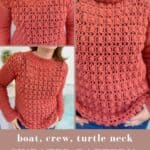 images of bright crochet jumper with boat neck, crew neck and turtle neck
