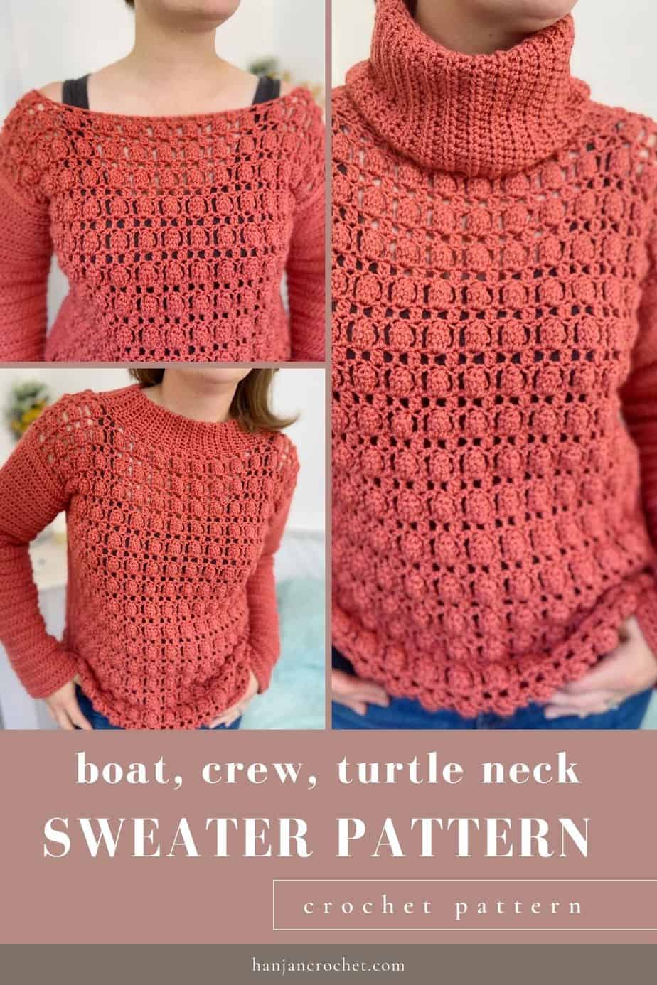 images of bright crochet jumper with boat neck, crew neck and turtle neck