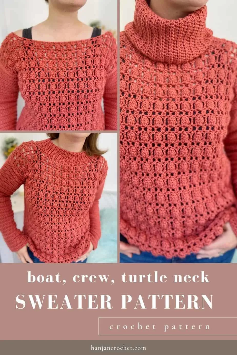 3 images of woman wearing bright coral crochet jumper