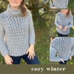 woman wearing grey crochet sweater with shell stitch detail