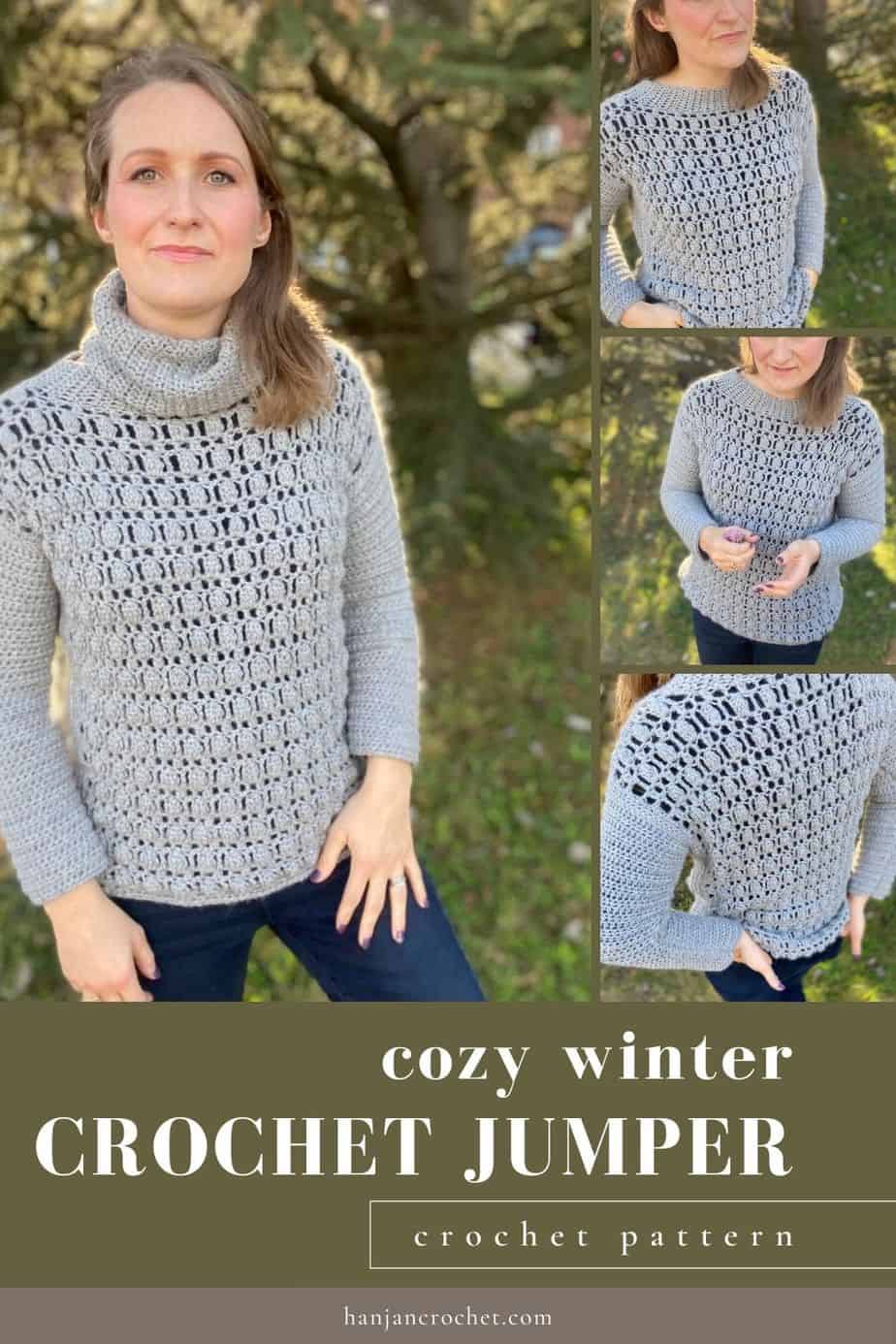 woman wearing grey crochet sweater with shell stitch detail