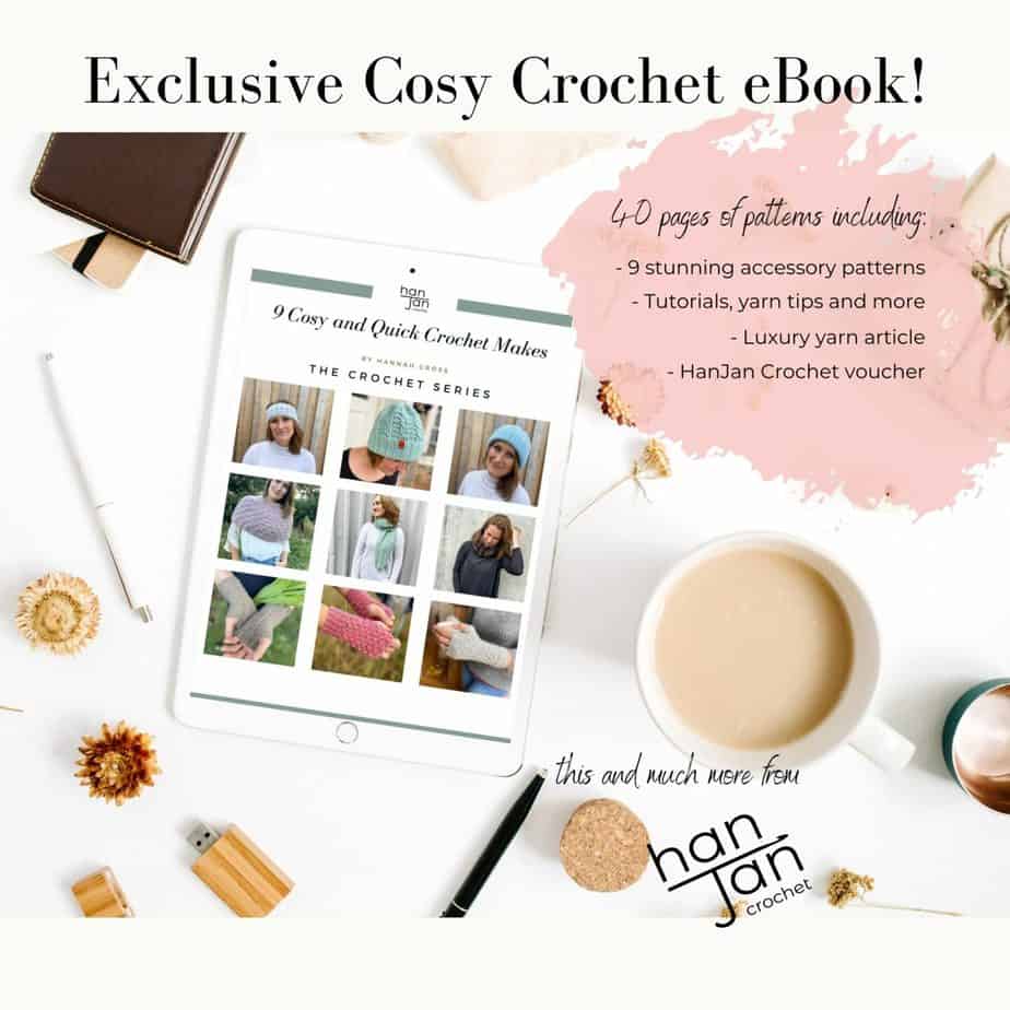 image showing easy crochet patterns for winter ebook on a tablet with a sup of tea and pens