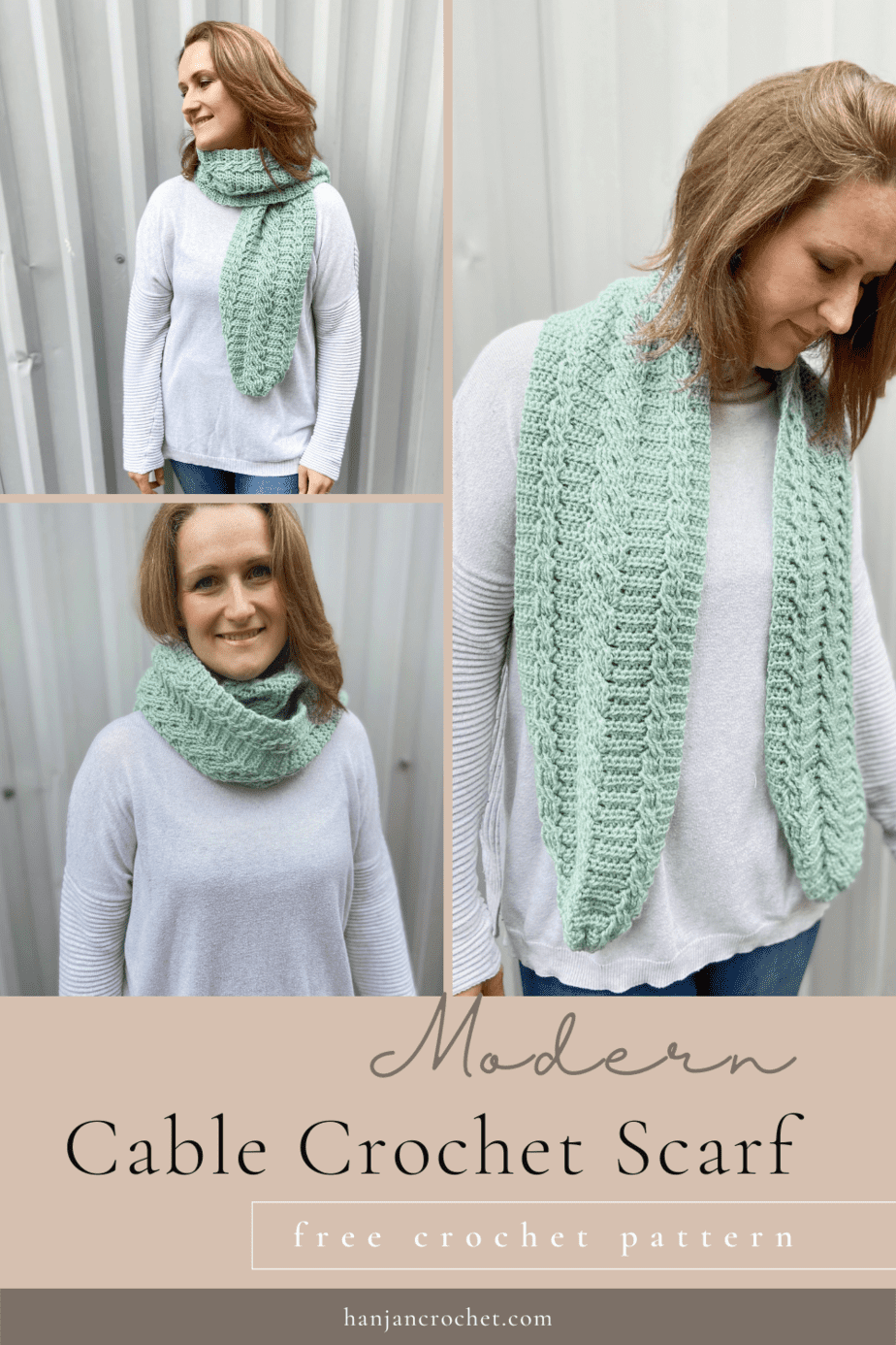 three images of woman wearing mint modern crochet cable scarf, hanging loose, wrapped around like a cowl and swept over the shoulder.