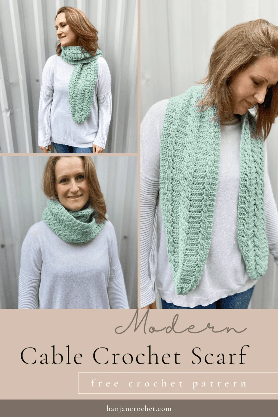 three images of woman wearing mint modern crochet cable scarf, hanging loose, wrapped around like a cowl and swept over the shoulder.