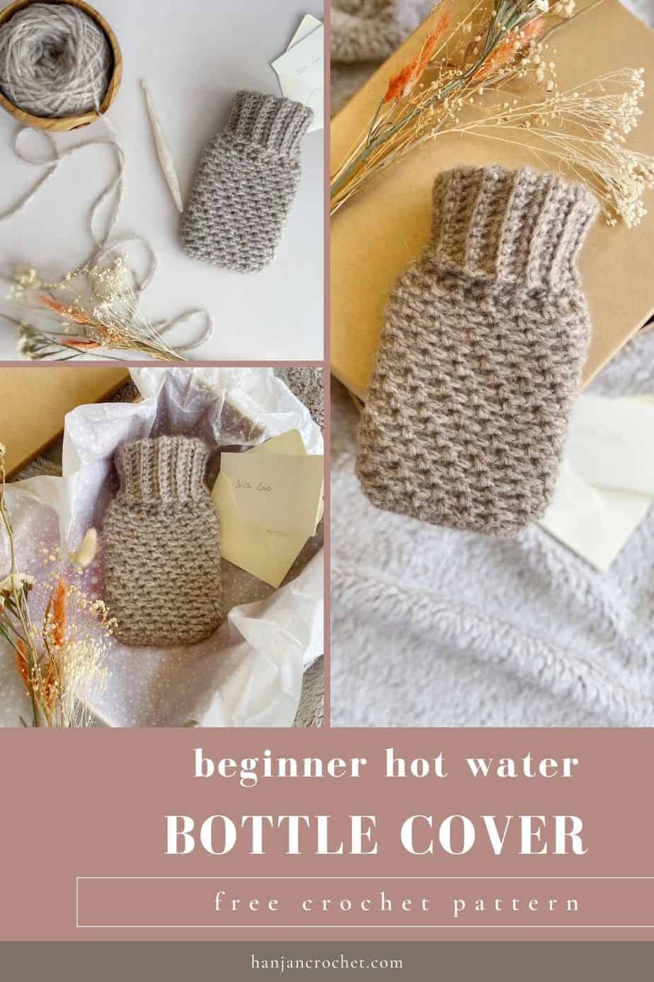 three images of fluffy beginners hot water bottle crochet cover pattern