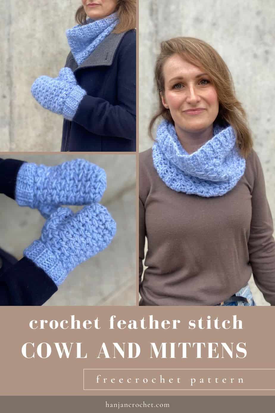 Image showing different angles of crochet feather stitch pattern as mittens and cowl.