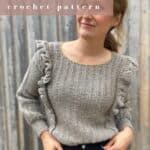 woman wearing grey easy crochet sweater pattern with ruffles