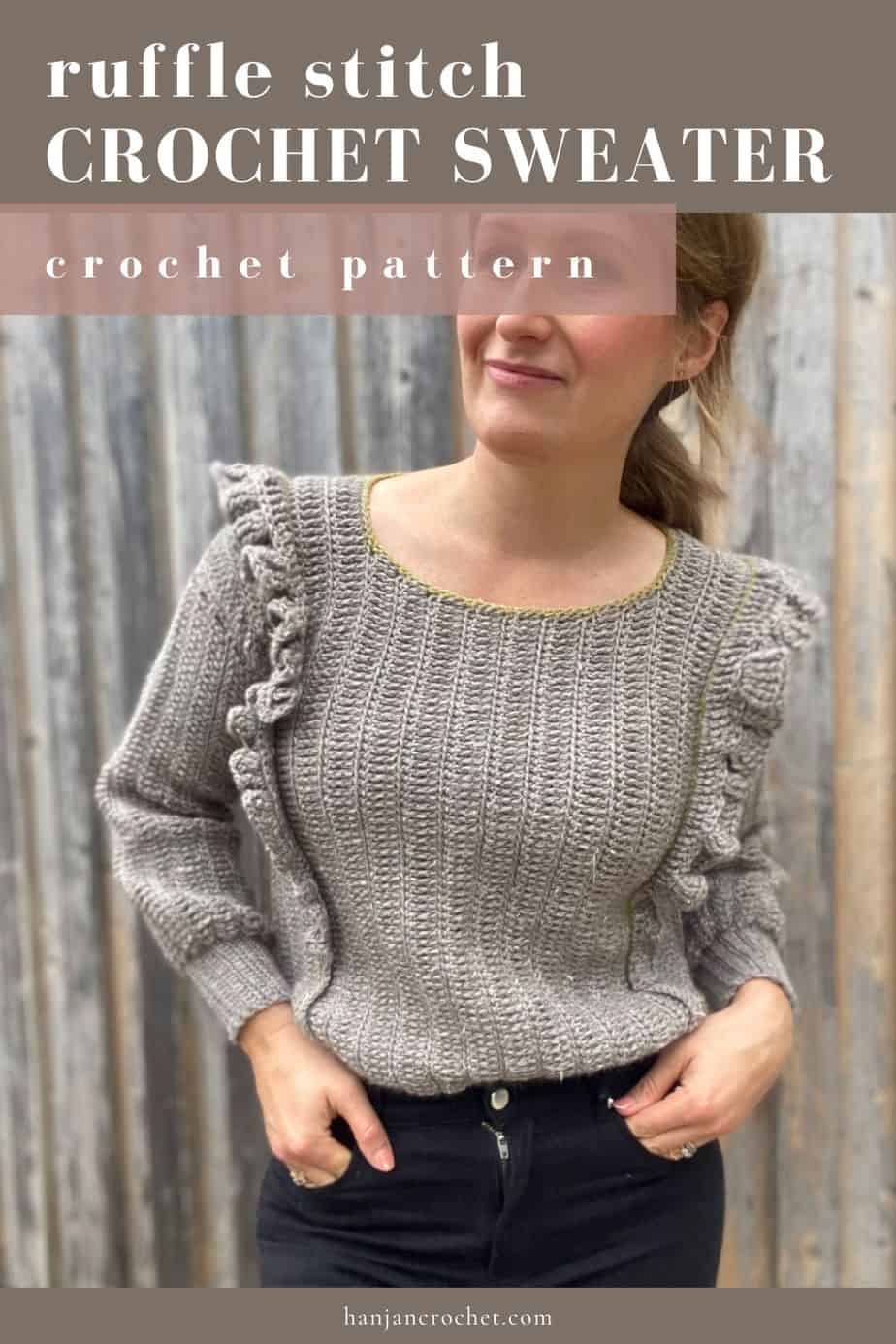 woman wearing grey easy crochet sweater pattern with ruffles