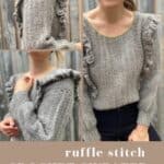 woman wearing grey ruffle crochet sweater