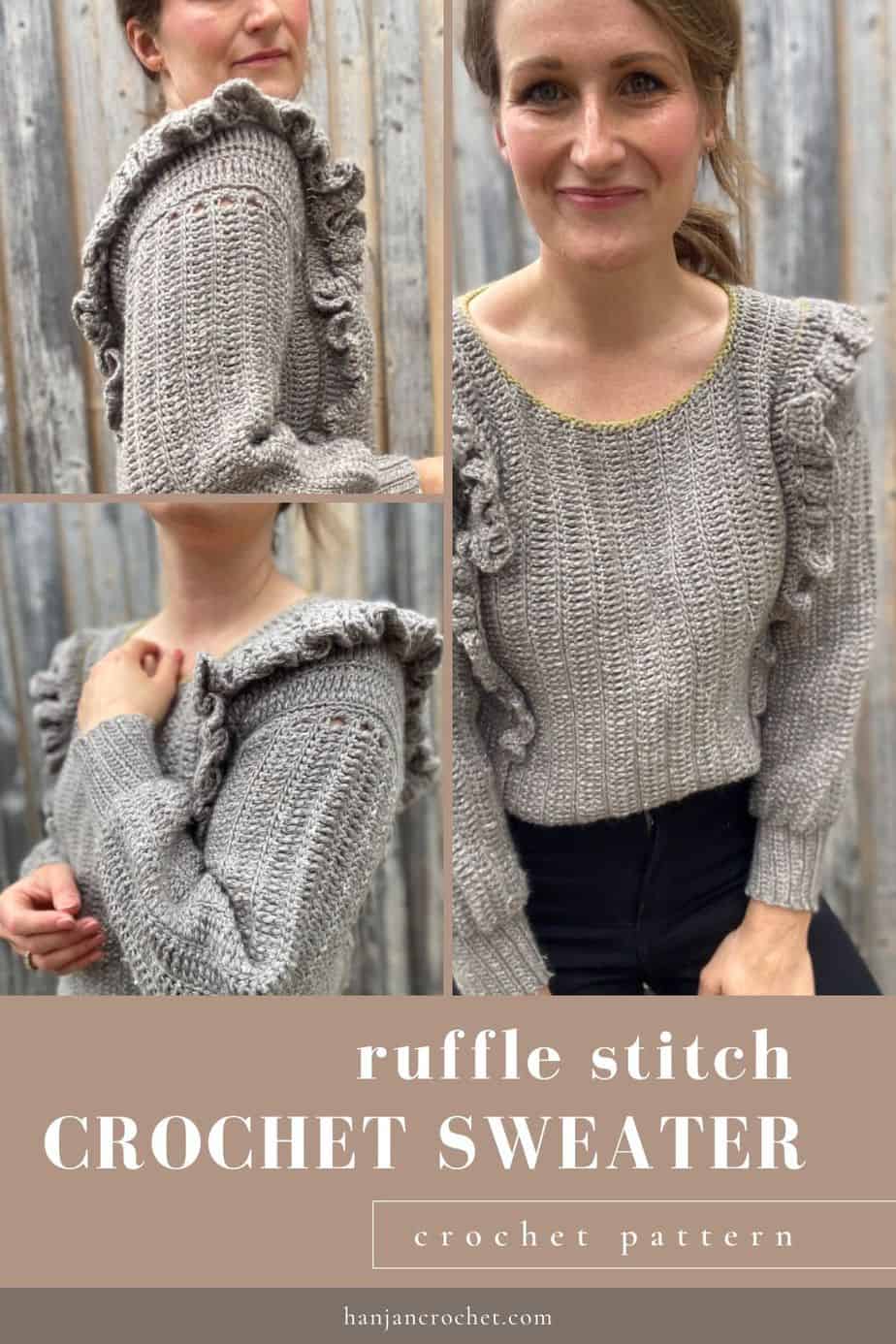 3 images of woman wearing grey crochet sweater with ruffle detail to front and back