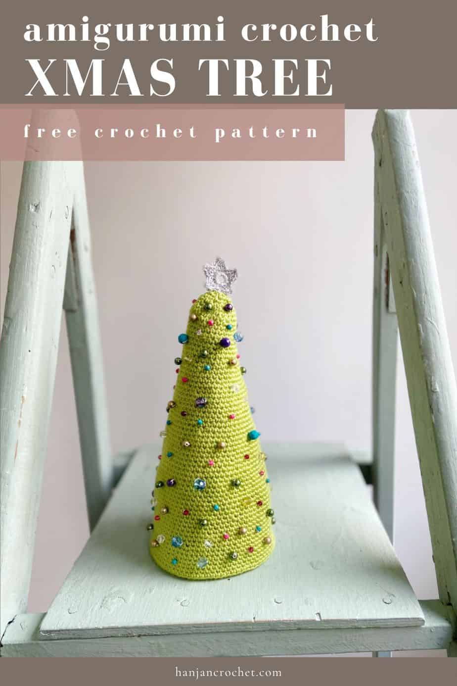 Beaded Amigurumi Crochet Christmas Tree Pattern with star on top sitting on a wooden ladder