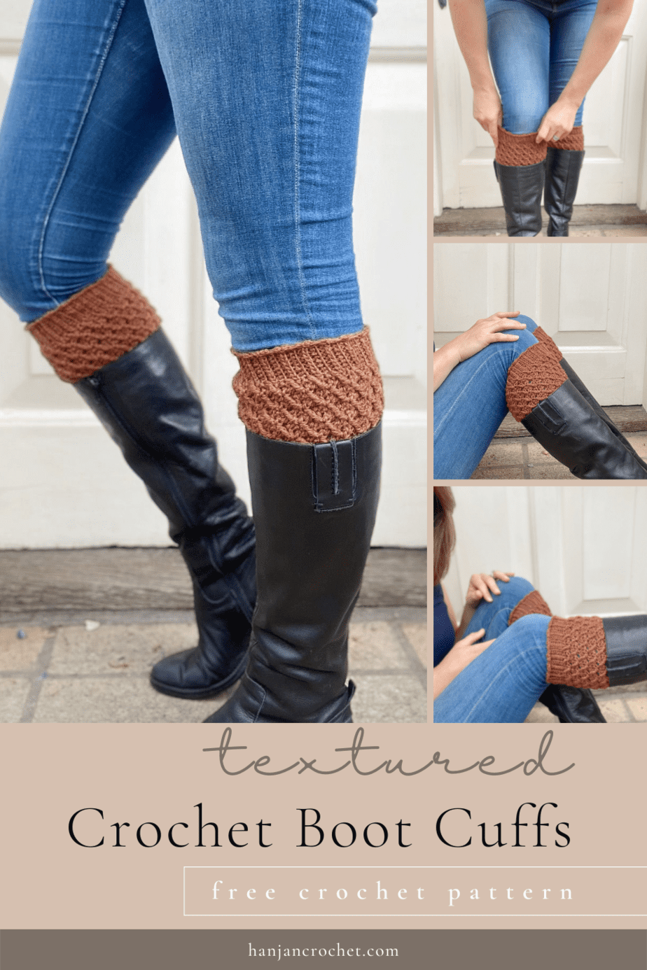 four images of person wearing tweed crochet boot cuff pattern 