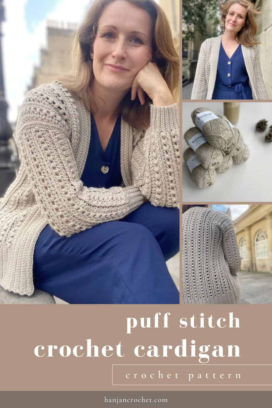 Images of woman wearing modern cream crochet cardigan with puff stitch detail and deep rib collar.