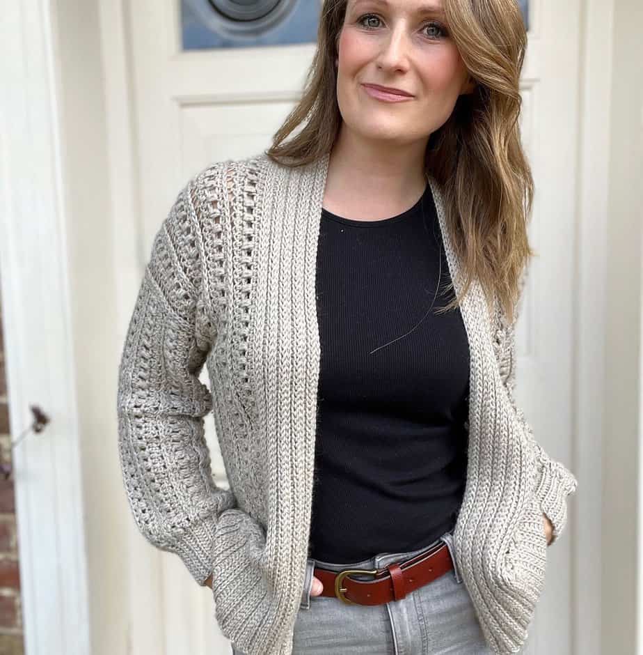 Woman wearing puff stitch crochet cardigan pattern