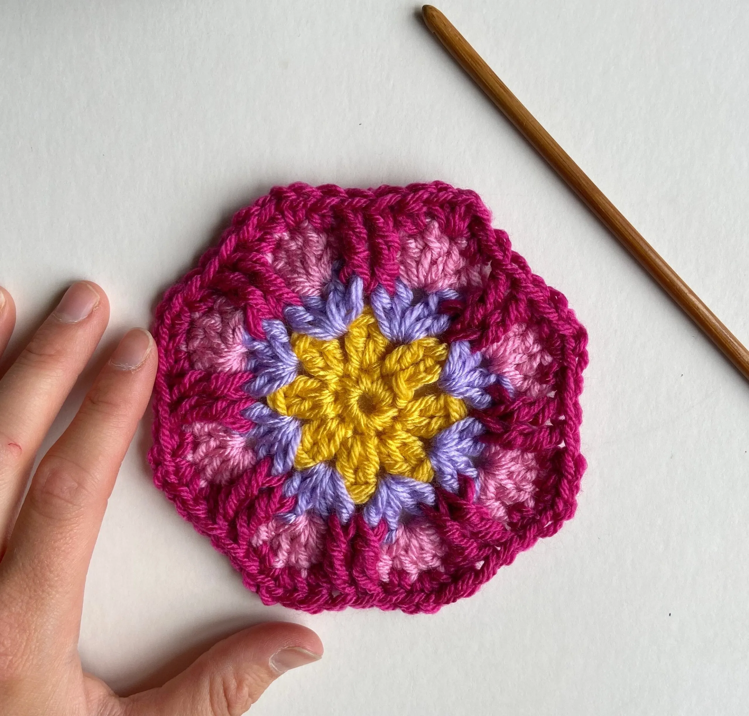 close up of crochet flower octagon motif shape