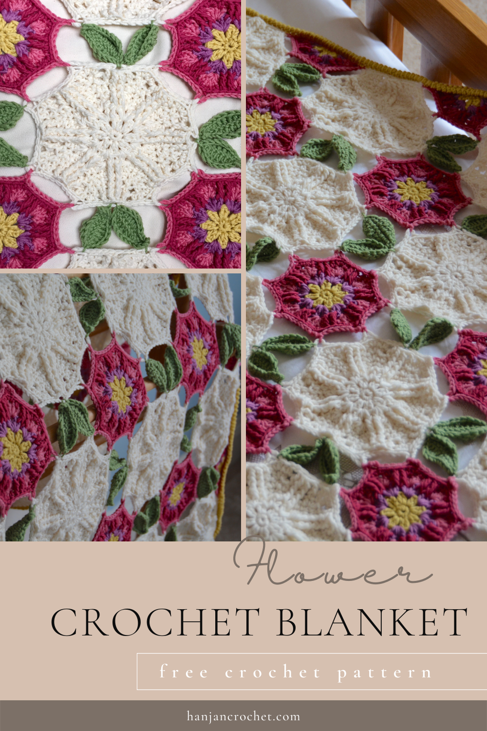 3 images showing flower crochet blanket in detail