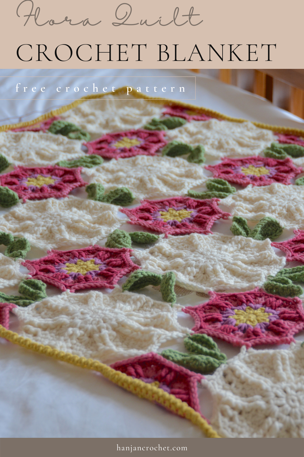 close up of flower motif crochet blanket on a bed with white sheets