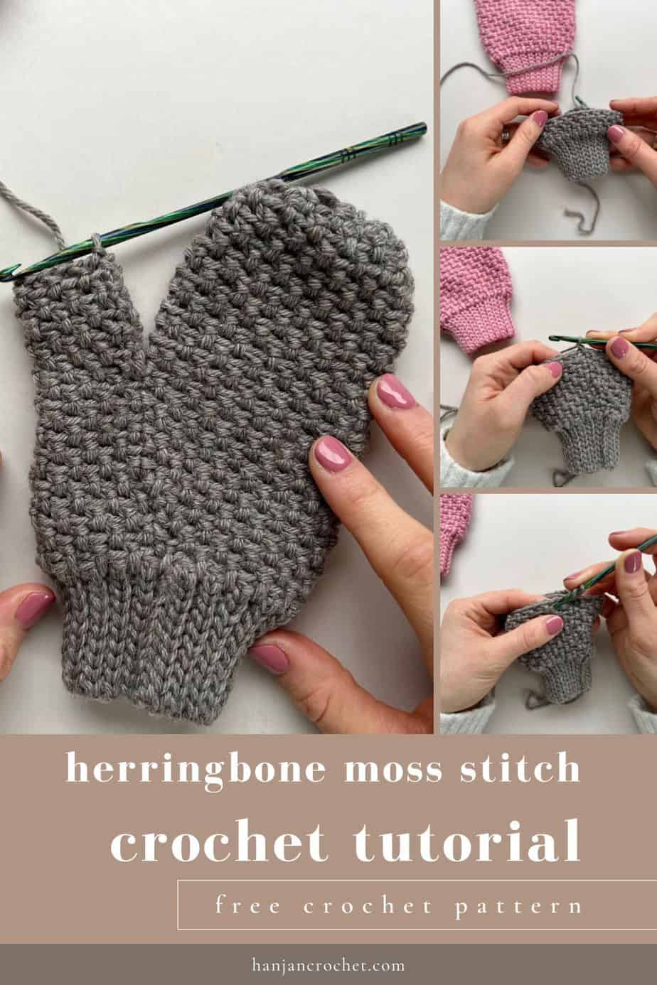 progress photos of herringbone moss stitch mittens 