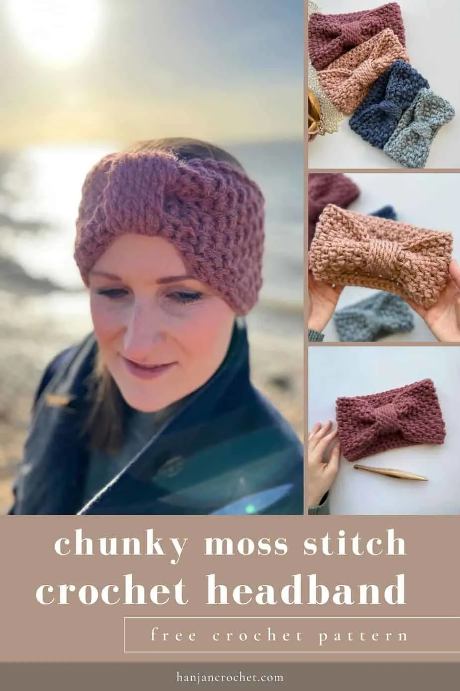 four images of chunky free crochet headband pattern in the herringbone moss stitch pattern
